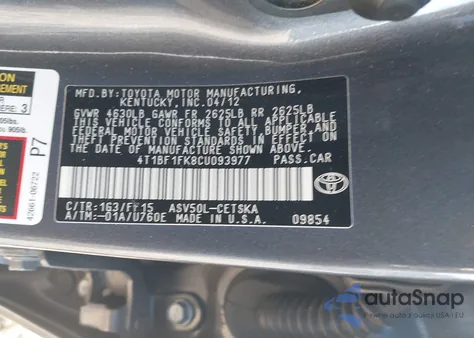 2012 Toyota Camry Se from USA, damaged, VIN 4T1BF1FK8CU093977